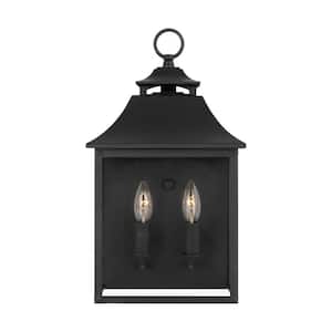Galena 2-Light Textured Black Outdoor Hardwired Pocket Wall Lantern Sconce with Clear Seeded Glass