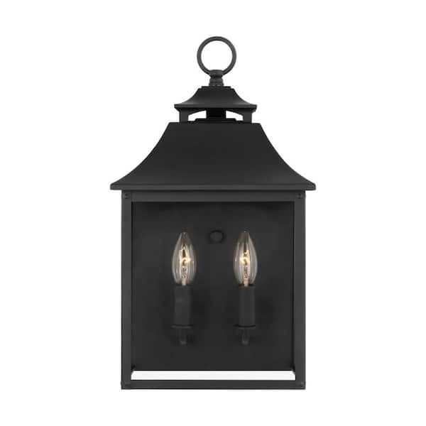 Generation Lighting Galena 2-Light Textured Black Outdoor Hardwired Pocket Wall Lantern Sconce with Clear Seeded Glass