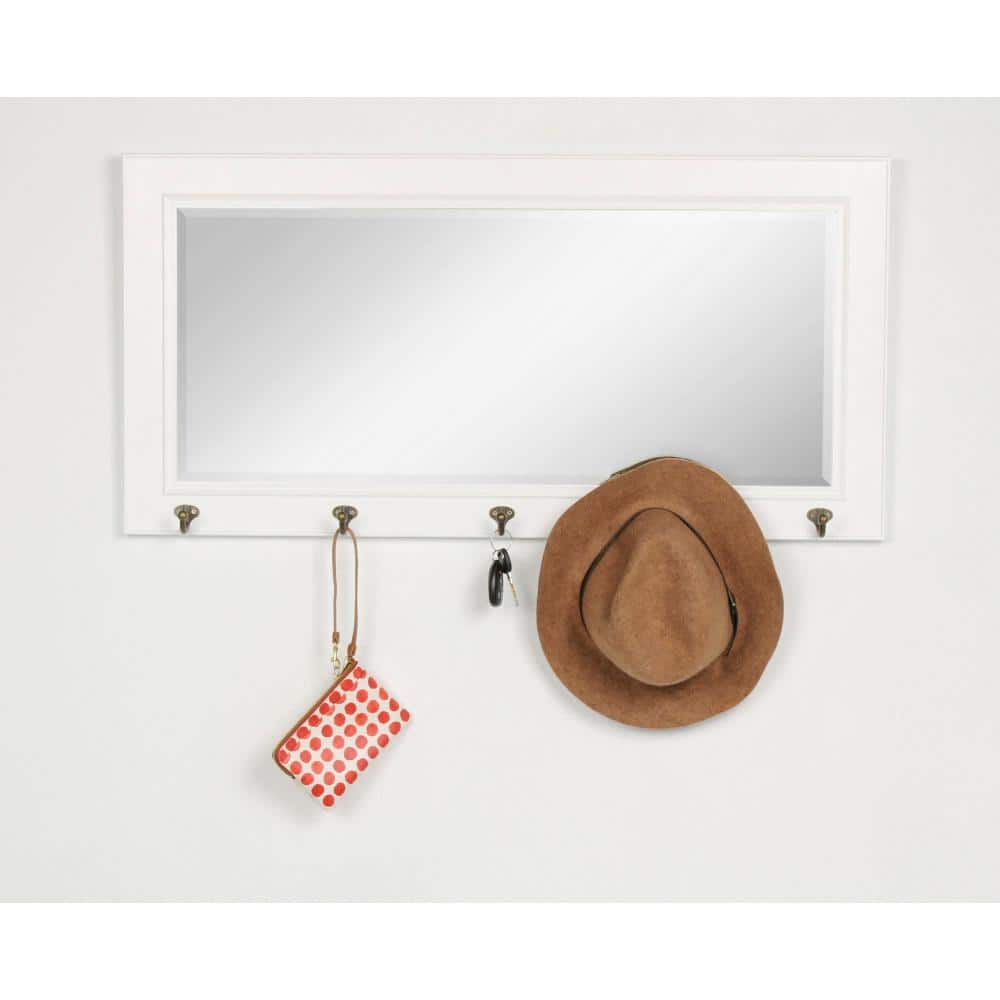 Classic Beveled Pub Mirror with White Frame and Metal Hooks 36"x18"