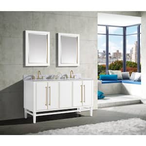 Mason 61 in. W x 22 in. D Bath Vanity in White with Gold Trim with Marble Vanity Top in Carrara White with White Basins
