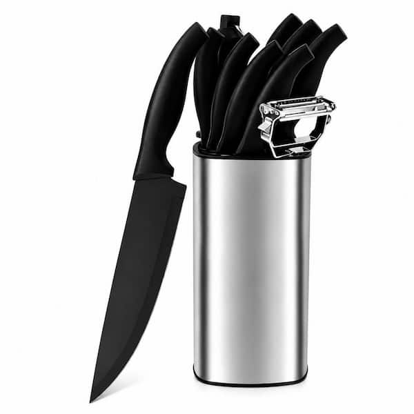 10-Piece High Carbon Stainless Steel Kitchen Knife Set with Universal Knife Block, Silver Square Block