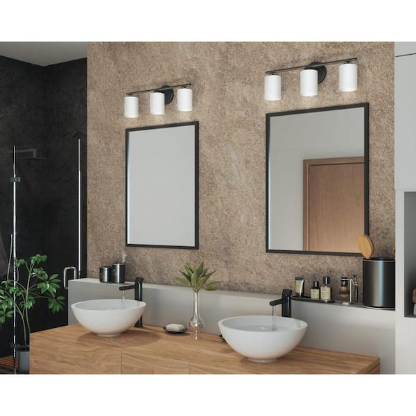 Replay Collection 22 in. 3-Light Black Etched Glass Modern Bathroom Vanity Light