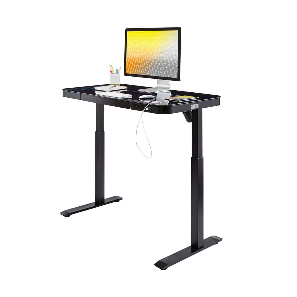 Black Adjustable Height Glass Standing Desk with USB Port and Drawer