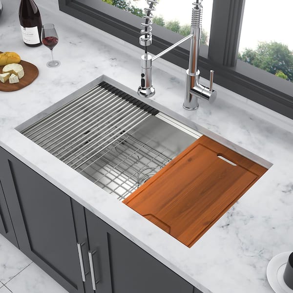 Timussi 28 in. Undermount Single Bowl 16 Gauge Brushed Nickel Stainless Steel Kitchen Sink with Workstation