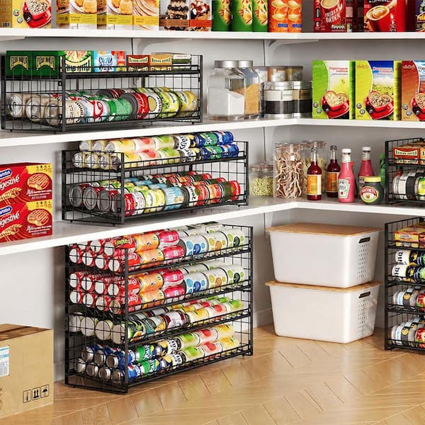Black 2 Tier Can Organizer Rack with Adjustable Angled Tiers and Stackable Design for Pantry Storage up to 128, 2 Pack