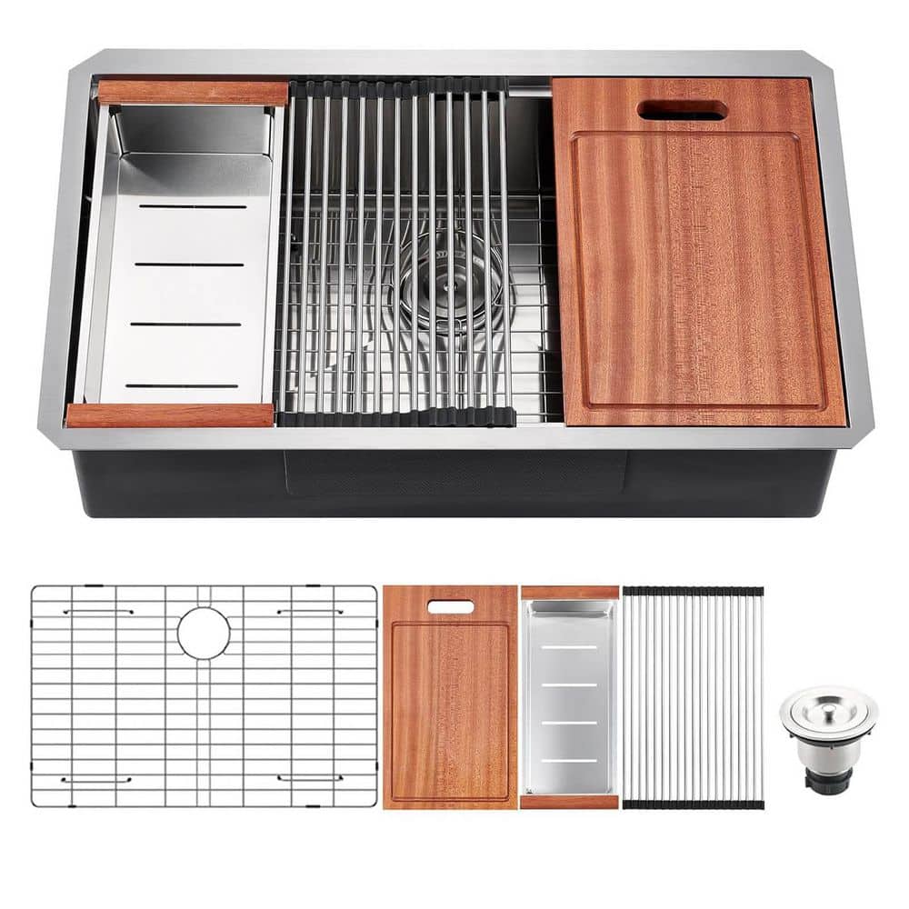 32 in. Undermount Single Bowl 18 Gauge Brushed Chrome Stainless Steel Kitchen Sink with Bottom Grids and Cutting Board price history on PriceWatchPro