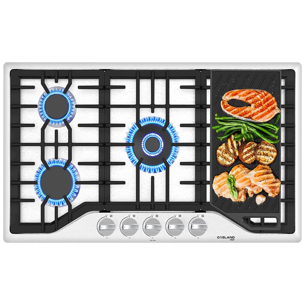 36 Inch Gas Rangetop, GASLAND Chef Professional Natural/Propane Gas Cooktop  Slide-in with Blue Indicator Lights, 120V Plug-in, 6 Deep Recessed Sealed