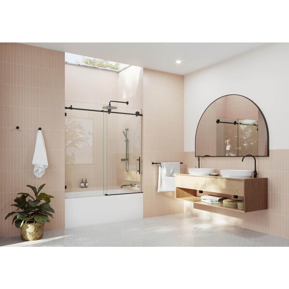 Matte Black Frameless Sliding Bathtub Door with Brass Fittings