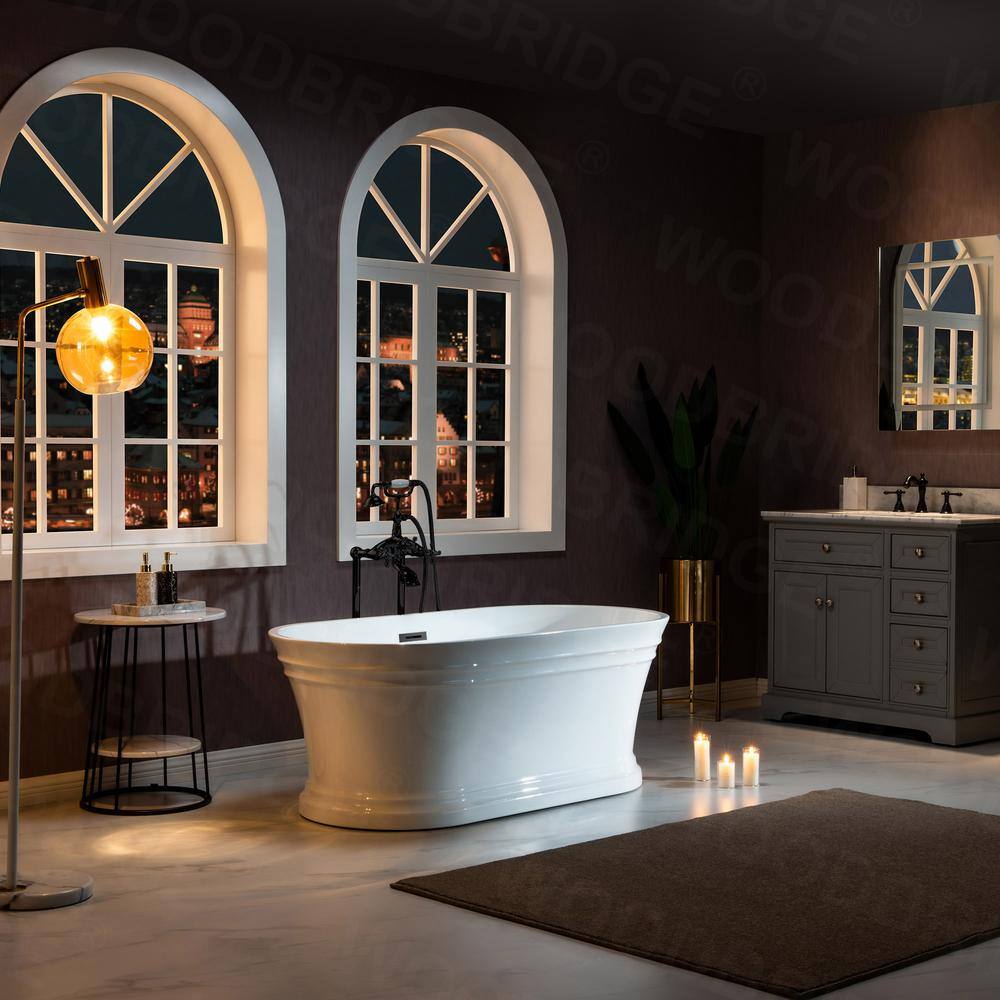 67" White Acrylic Freestanding Soaking Bathtub with Matte Black Trim