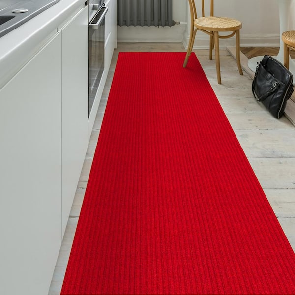 Sweet Home Stores Ribbed Waterproof Non-Slip Rubber Back Solid Runner Rug, 2 ft. W x 3 ft. L, Red, Polyester Garage Flooring