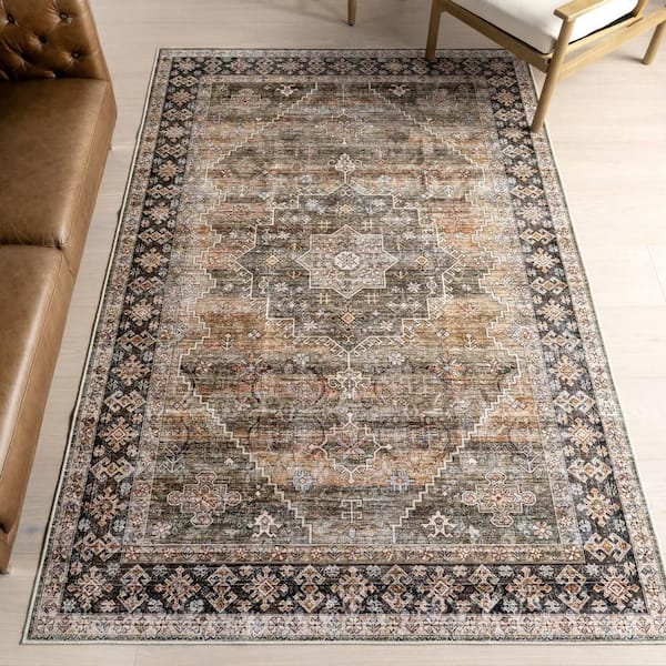 Zhuri Medallion Spill Proof Washable Sage Green 8 ft. x 10 ft. Indoor Area Rug