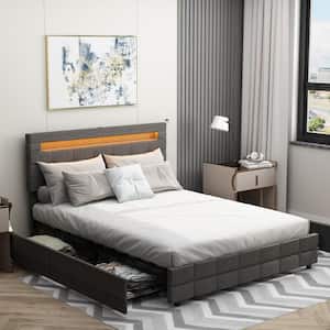 Gray Wood Frame Queen Size Bed Platform Bed With 4-Drawers, Color-Changing LED Lights, Bluetooth, Adjustable Headboard