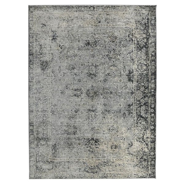 HomeRoots 5 ft. x 8 ft. Gray And Black Floral Medallion Area Rug ...