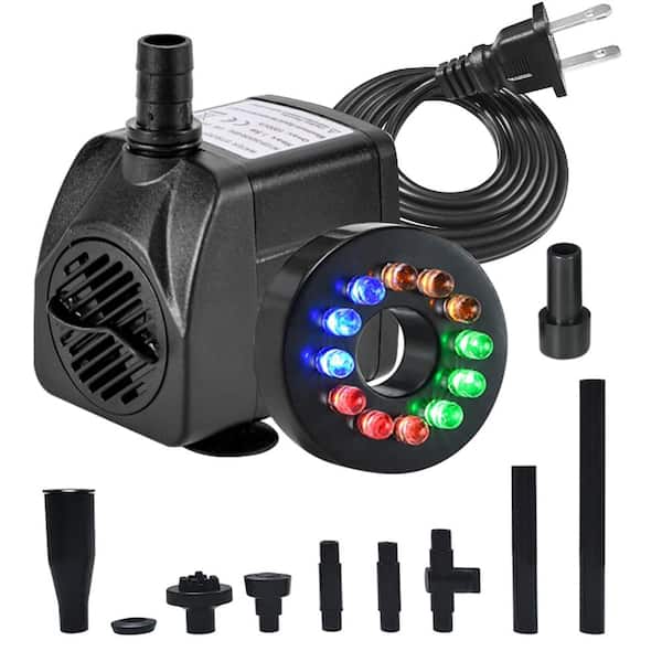 15W 1000L/H Submersible Fountain Water Pump with 12 Color-Changing LED Lights and 2 Spray Nozzle Options