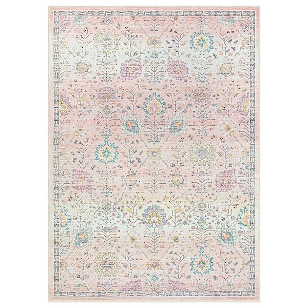 Vintage Floral Classic Washable Non Slip Backing Light Pink 8ft. x 10ft. Area Rug