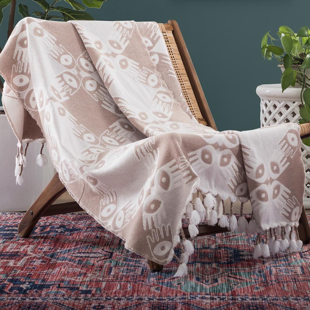 Tan and White Woven Polyester-Acrylic Throw Blanket with Tassels