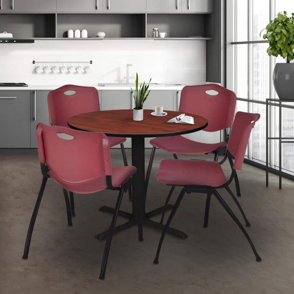 Cain 36 in. Cherry Round X-Base Breakroom Table Desk and 4 M Stack Chairs-Burgundy