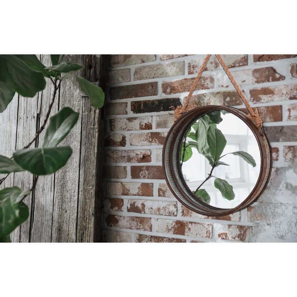 Rustic Galvanized Metal 16" Round Wall Mirror with Jute Rope