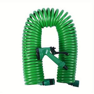 5/8 in. Dia x 50 ft. Green Recoil Garden Hose Brass Connector Coiled Water Hose Light-Weight 10 Patterns Spray Nozzle