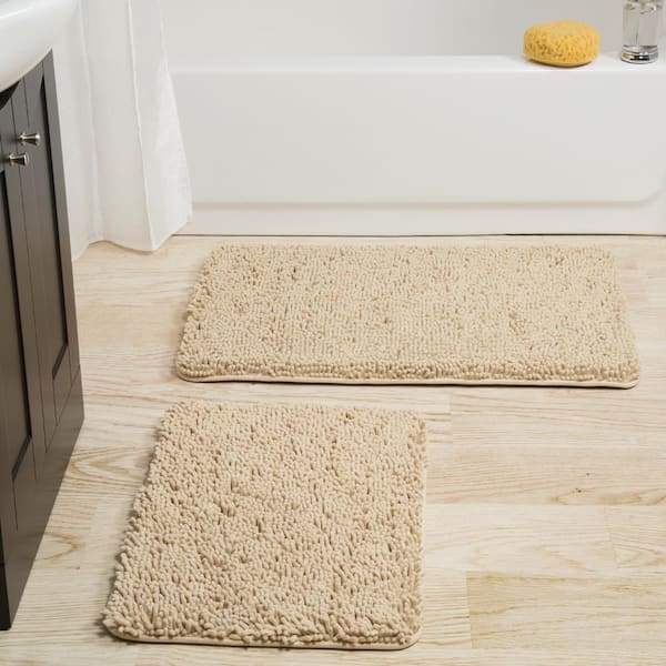 2-Piece Beige Memory Foam Shag Bath Mat Set