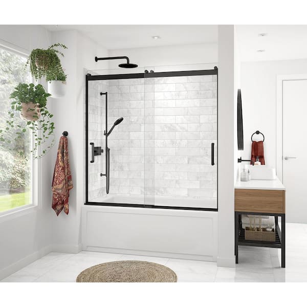 MAAX Revelation Round 59 in. W x 59.25 in. H Sliding Tub Door for Alcove Installation in Matte Black with Clear Glass