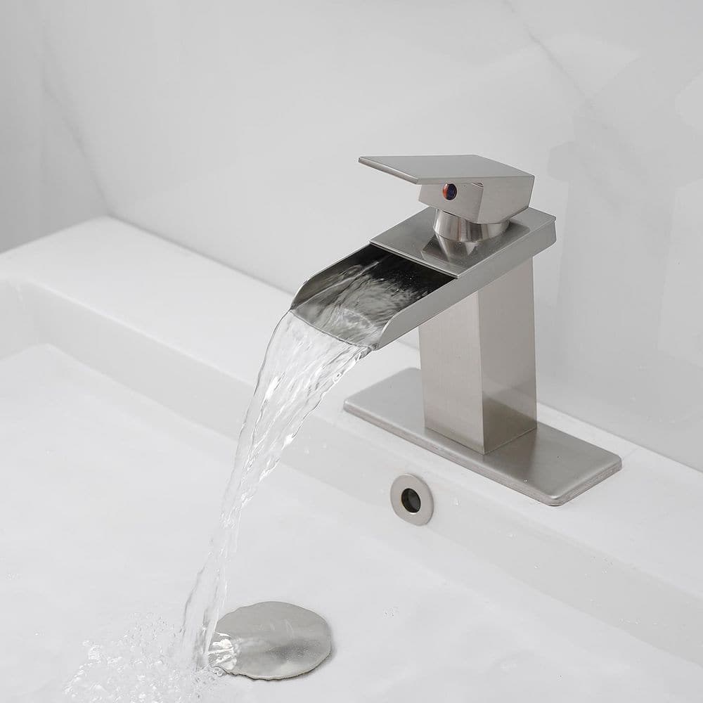 Brushed Nickel Single-Handle Waterfall Bathroom Faucet with Pop-Up Drain