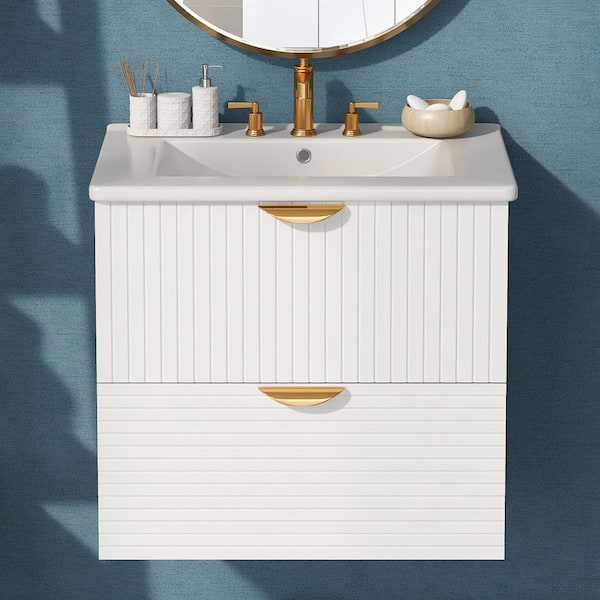 Ziyudura 24 in. Single Sink Floating White Bath Vanity with White Ceramic Top, 2 Drawers, Gold Handles
