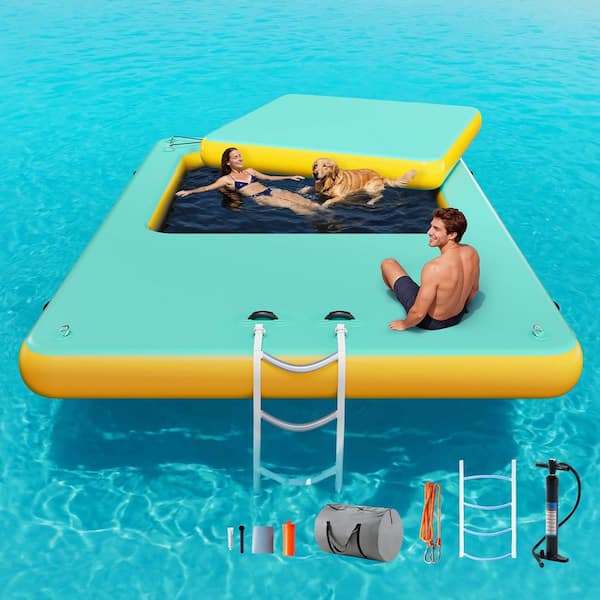 Inflatable Floating Dock 12ft. x 8ft. with Mesh Area, Non-Slip PVC Surface, Yellow and Mint Green, 7-9 People Use