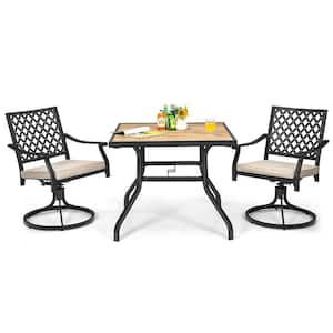 3-Piece Patio Bistro Wood Outdoor Dining Set 360-Degree Swivel Rocker Chair Square Table Deck with Beige Cushions