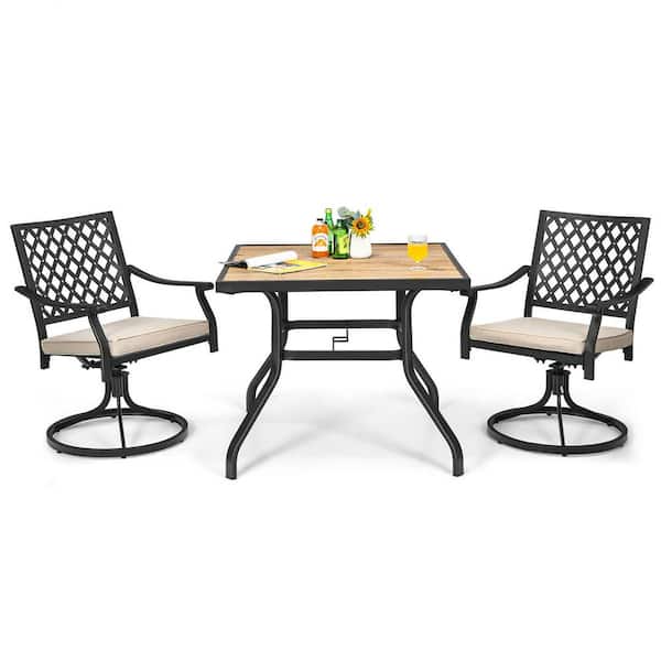 Gymax 3-Piece Patio Bistro Wood Outdoor Dining Set 360-Degree Swivel Rocker Chair Square Table Deck with Beige Cushions