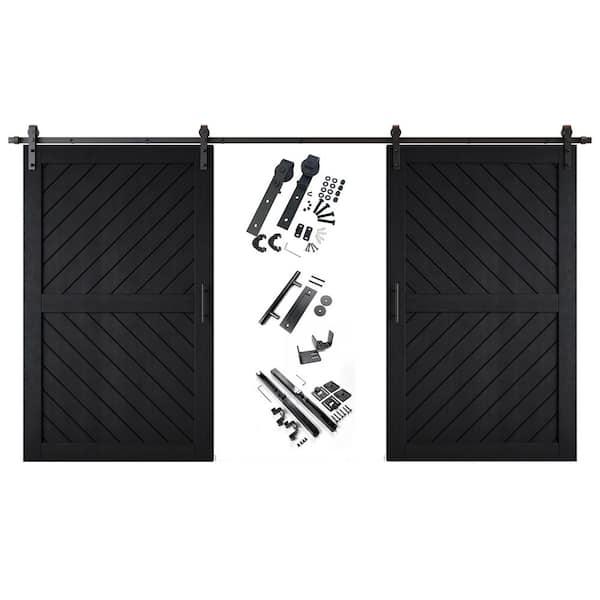 XT3 42 in. x 80 in. C-Panel Black Slanted Stripe Design Double Pine Wood Sliding Barn Door with Hardware Kit