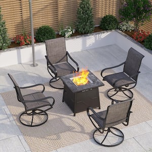 Black 5-Piece Metal TerrFab Top Patio Fire Pit Set with 4 Swivel Padded Textilene Dining Chair