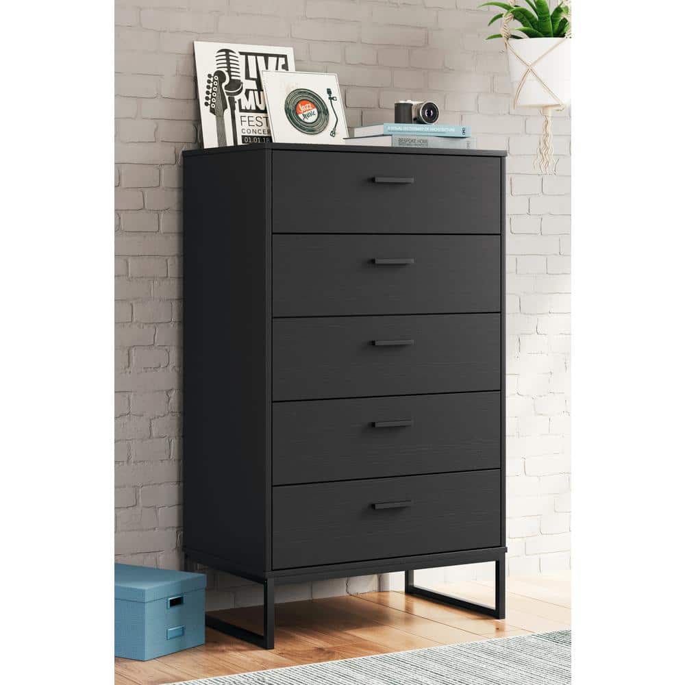 Black Contemporary 5-Drawer Chest with Metal Legs