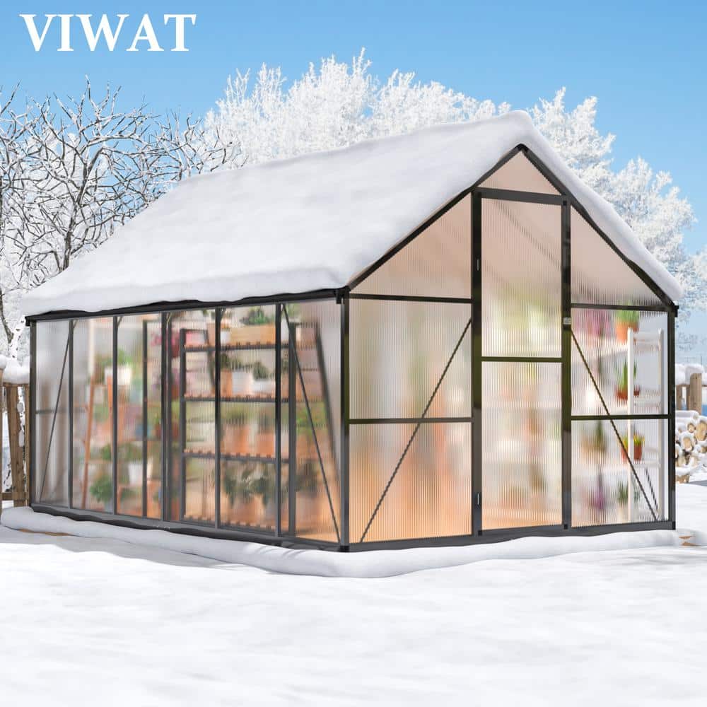 Black Aluminum Polycarbonate Walk-In Greenhouse 8x12 FT