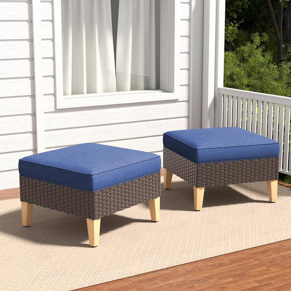 Gymojoy Chic Relax 2-Pack Brown Wicker Outdoor Ottoman Steel Frame Footstool with Blue Cushions ...