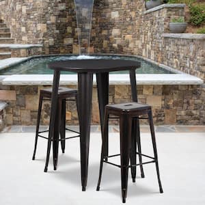 3-Piece Metal Round Outdoor Bistro Set in Black-Antique Gold