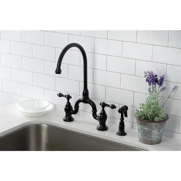 English Country Double-Handle Deck Mount Gooseneck Bridge Kitchen Faucet with Brass Sprayer in Matte Black