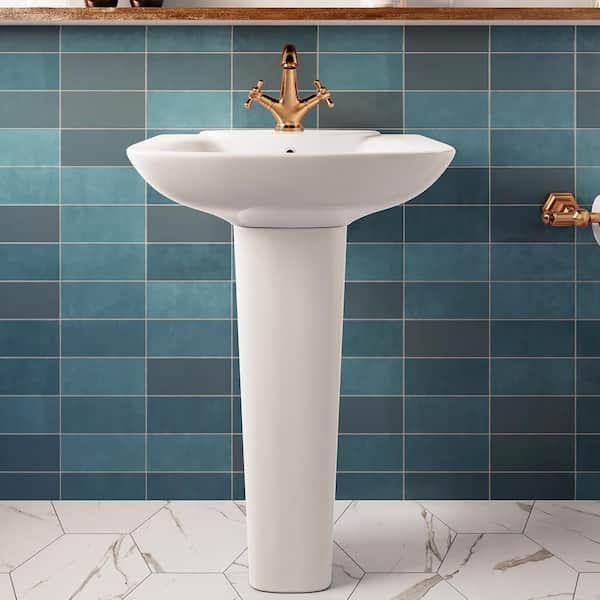 24 in. W x 19 in. D Bathroom Pedestal Sink in White Vitreous China Pedestal Sink with Single Faucet Hole and Overflow
