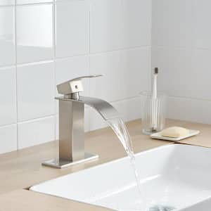 Waterfall Single Hole Single-Handle Low-Arc Bathroom Faucet With Pop-up Drain Assembly in Brushed Nickel