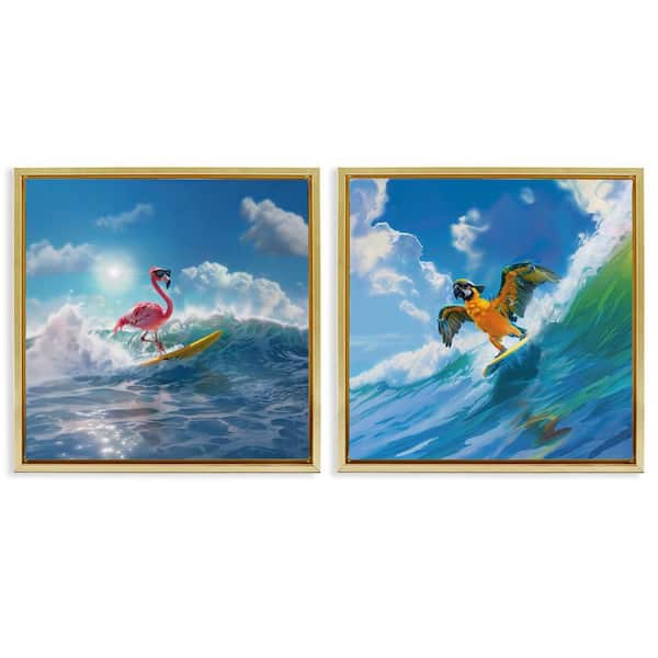 Parrot and Flamingo Surf by Jim Baldwin 2-Pieces Gold Floater Frame Coastal Graphic Art Print 25 in. x 25 in.