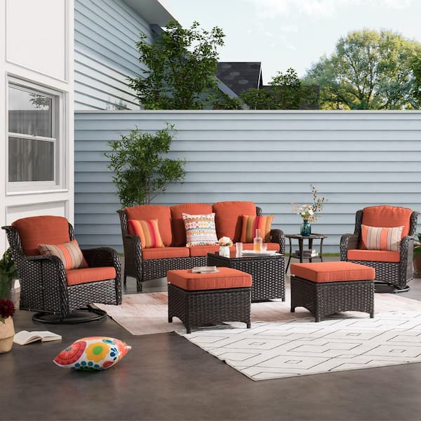 XIZZI Moonlight Brown 7-Piece Wicker Patio Conversation Seating Sofa Set with Orange Red Cushions and Swivel Rocking Chairs