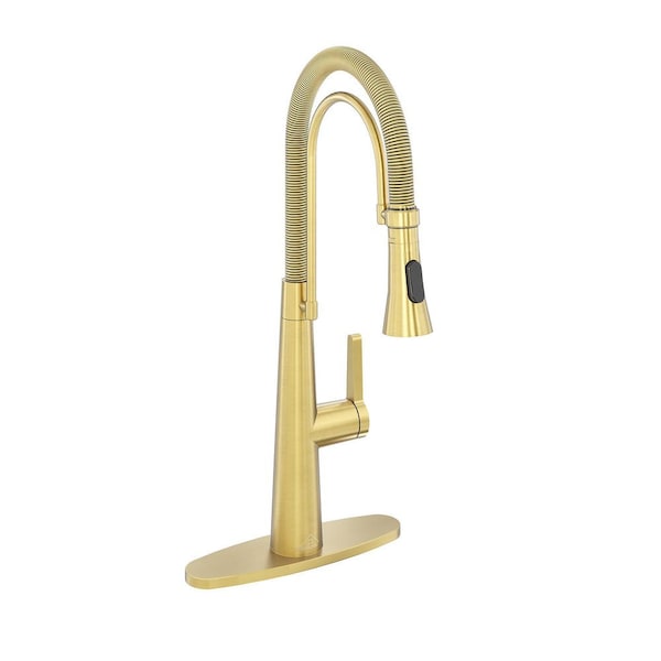 Single-Handle Spring Neck Standard Kitchen Faucet with Dual Function Sprayhead and Deckplate Included in Brushed Gold