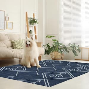 Aspen Navy Creme 5 ft. 4 in. x 8 ft. Machine Washable Tribal Moroccan Bohemian Polyester Non-Slip Backing Area Rug