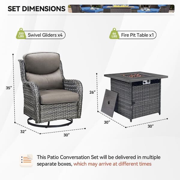 Luxury 5-Piece Gray Wicker Fire Pit Conversation Set with Olefin Gray Cushions and Swivel Glider Rocking Chairs
