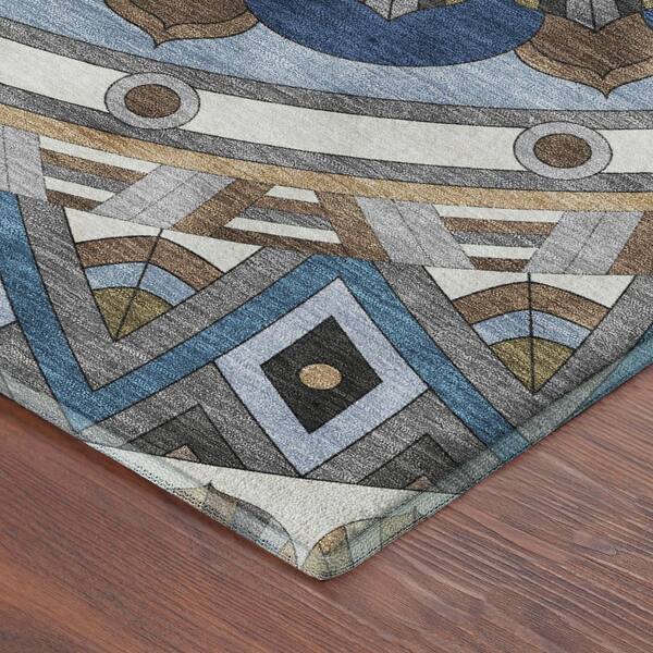 Mayfield Premium Machine Washable Abstract AMF2277 Denim 8 ft. x 8 ft. Round Rug