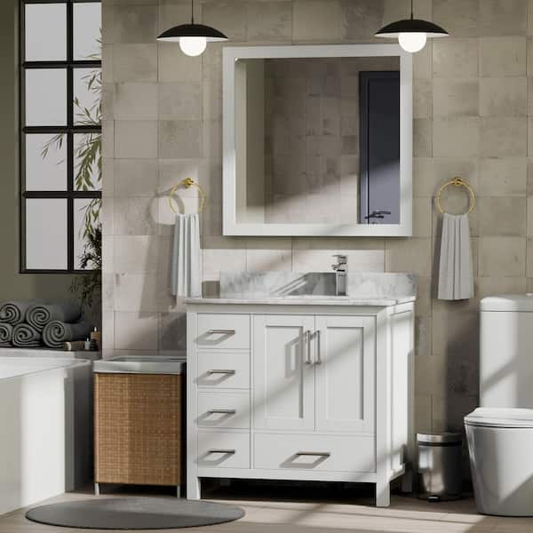 Jacques 36 in. W x 22 in. D Right Offset White Bath Vanity and Carrara Marble Top