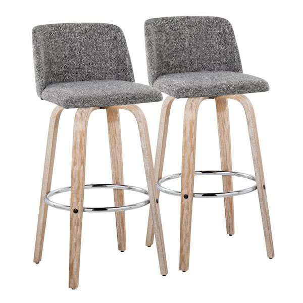 Lumisource Toriano 29.5 in. Grey Noise Fabric, Whitewash Wood and Chrome Metal Fixed-Height Bar Stool (Set of 2)