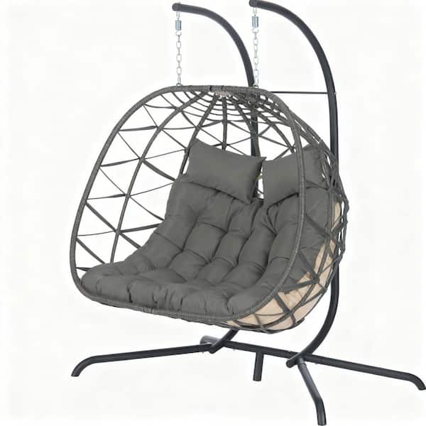 2-Person Egg Wicker Patio Swing, Gray Frame, Steel with Dark Gray Cushions
