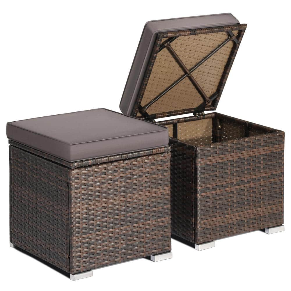 HONEY JOY Wicker Outdoor Ottoman Multi-Purpose Footstool Storage Box Side  Table with Removable Gray Cushions (2-Pack) TOPB006583 - The Home Depot