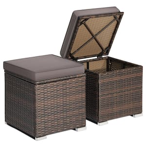 Wicker Outdoor Ottoman Multi-Purpose Footstool Storage Box Side Table with Removable Gray Cushions (2-Pack)